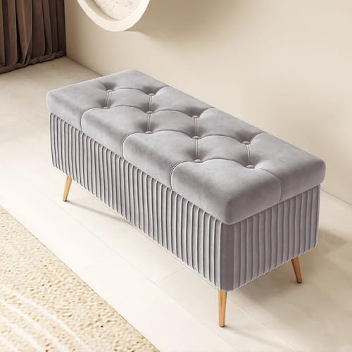 Luxuriöse Samt-Aufbewahrungsbank, rechteckig, mit Metallbeinen und wendbarem Tablett-Deckel für Wohnzimmer, Schlafzimmer, Eingangsbereich, 100 x 40 x 45 cm von Generisch