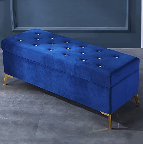 Luxuriöse Samtbank mit Kristallen, gepolstert in Marineblau, Fußstütze mit Hebeverschluss, modernes getuftetes Design, perfekt für Schlafzimmer oder Wohnzimmer, 90 x 42 x 45 cm von Generisch