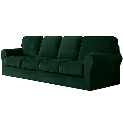 Luxuriöser dunkelgrüner Samt-Sofabezug mit separaten Sitzkissen und Rückenlehnen, Stretch-Couch-Schonbezug für Möbelschutz, 4-Sitzer-Set mit 9 Stück, stilvolle und funktionale Heimdekoration von Generisch