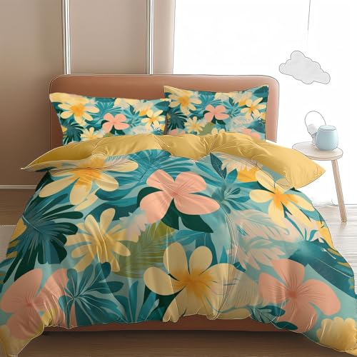 Pflanzenblumen Bettwäsche 155 x 200 cm Tropische Pflanzen und Blumen Kinder Bettbezug, Weiche Bettwäsche mit Reißverschluss und 2 Kissenbezug 80 x 80 cm für Jungen Mädchen von Generisch
