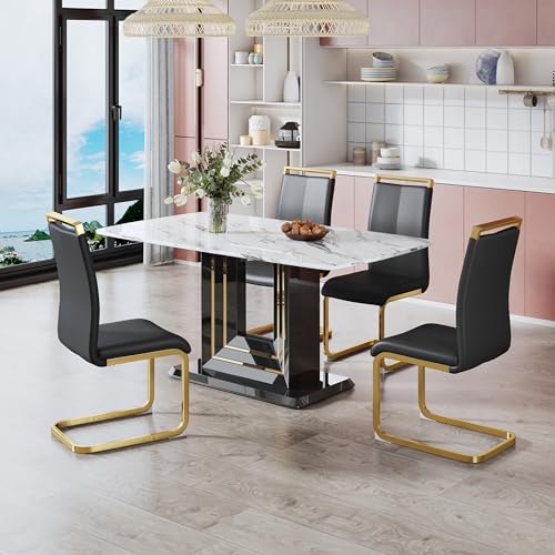 Luxus Esstisch Set, 5-teilig Modern Glas Küchentisch mit 4 PU Leder Stühlen Faux Marmor Finish Ideal für Esszimmer oder Küchenmöbel für 4 von Generisch