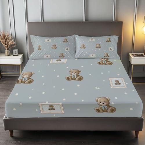 Luxus Hellgrau Spannbettlaken, Gebürstete Mikrofaser Bettlaken 140 x 200 cm Mit Gummiband, Weich - Pflegeleichtes Süß Tupfen Bärenpuppe Bedruckt Spannbetttuch von Generisch
