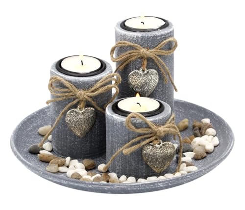 MF 3 Kerzenhalter Teelichthalter Dekoschale Rund aus Holz grau und Steindekoration Tablett Dekoration warmes und gemütliches Ambiente von Generisch