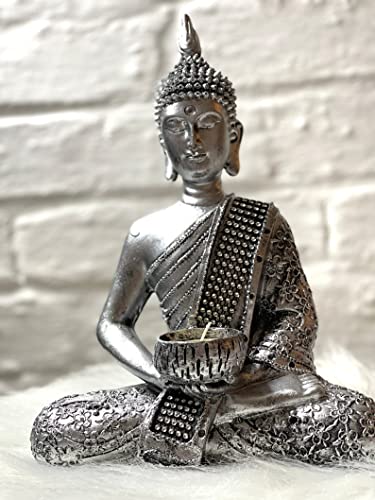 MF Buddha Teelichthalter Figur Deko Buddhismus in Silber von Generisch