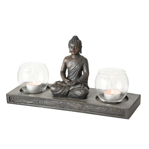 MF Zen Harmony Windlicht - Buddha Design mit Doppelkerzenhalter | Kunstharz und Kunststoff | Elegantes Lichtspiel für Innenräume von Generisch