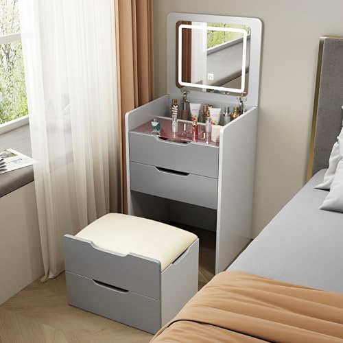 Makeup Vanity 3-in-1 mit LED-Spiegel & versteckter Ottomane, kompakter Schminktisch für kleine Räume, Nachttisch-Aufbewahrungsschrank mit Flip-Top-Design von Generisch