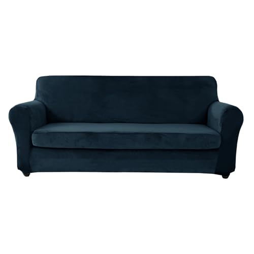 Marineblauer Samt-Stretch-Sofabezug - Rutschfester Schutz für 1/2/3/4-Sitzer-Sofas mit separaten Kissenbezügen, XL-Größe, passend für große 4-Sitzer-Sessel von Generisch