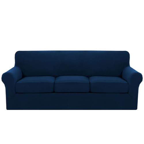 Marineblauer Stretch-Sofabezug – rutschfester Couch-Schonbezug mit Sitz- und Rückenlehnenschutz – strapazierfähiger Möbelschutz für 3-Sitzer-Sofa – einfach anzubringender Stretch-Stoff Marineblauer Stretch-Sofabezug – rutschfester Couch-Schonbezug mit Sitz- und Rückenlehnenschutz – strapazierfähiger Möbelschutz für 3-Sitzer-Sofa – einfach anzubringender Stretch-Stoff von Generisch