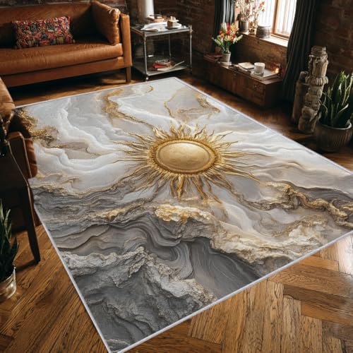 Marmor Sonne Teppich Wohnzimmer Quadratisch 200x200 Waschbar Mit Muster Moderner Weiss Gold Textur Teppiche Gegend Schlafzimmer Deko & Wohnaccessoires, Kurzflor Teppich Weich rutschfest, FD1908 von Generisch