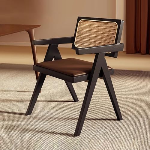 Massivholz Esszimmerstuhl mit Rattan-Rückenlehne und Ledersitzkissen, eleganter Sessel für Wohnzimmer oder Gästezimmer von Generisch