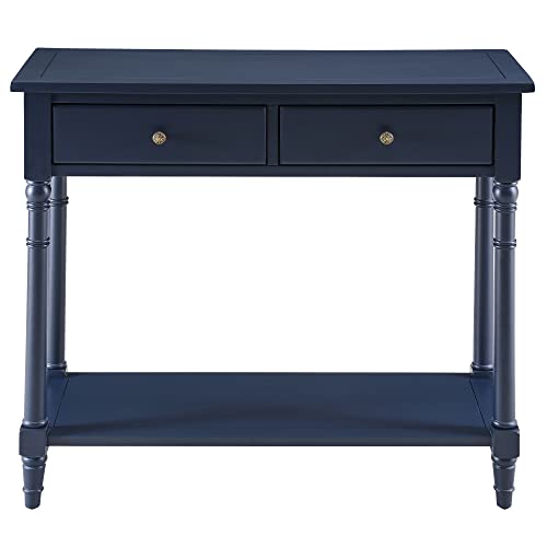 Massivholz Konsolentisch mit 2 Schubladen - Stabiler und Stilvoller Wohnzimmer Beistelltisch für Flur & Schlafzimmer - 90x35x77cm (Blau) - Vielseitige Wohnmöbel von Generisch