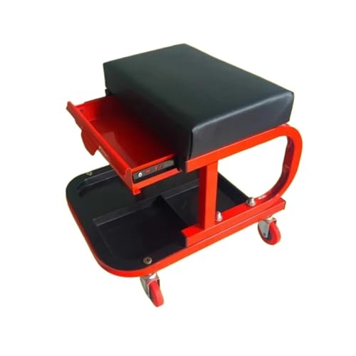 Mechanikerhocker mit Rollen, 4 Rollen, Werkzeugablage, Multifunktionaler Auto-Reparatursitz, Werkstatthocker (Rot mit Querstange) von Generisch