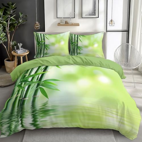 Meditationskunst Pflanze Bambus Bettwäsche 135 x 200 cm Grün Muster Bettbezug Set, Weich Microfaser Kinderbettwäsche Wendebettwäsche mit Reißverschluss und 2 Kissenbezug 80 x 80 cm von Generisch