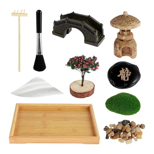 Meditationstisch-Tablett – Desktop-Zen-Garten-Set | Sandkasten – Heimdekoration, Pflanzenrechen mit 3 Säcken von Generisch