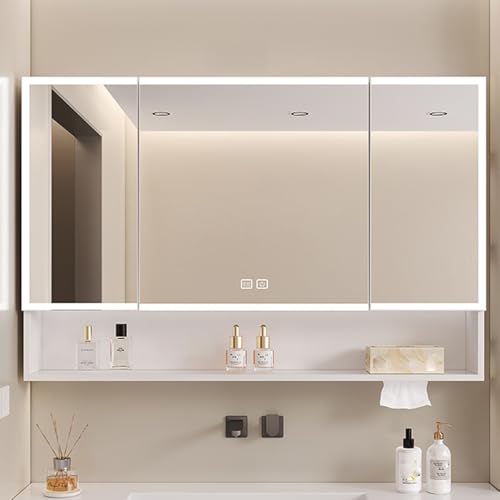 Medizinschrank aus Aluminium mit LED-Lichtern, Anti-Beschlag-Spiegel, Smart-Touch-Schalter, Badezimmer-Aufbewahrung mit offenem Regal und Papierhandtuchloch von Generisch