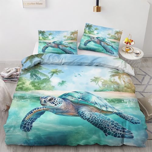 Meeresschildkröte Deko - Winter Bettwäsche 135x200 Meeresschildkröte, Tropische Küste Tiere Bettbezug 135 x 200 2er Set mit 1 Kissenbezug 80x80, Weiche Mikrofaser Winterbettwäsche mit Reißverschluss W von Generisch
