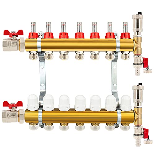 Messing Heizkreisverteiler 2-12 fach Fußbodenheizung Verteiler Heizkreise Entlüftungsset Kugelhahn Adapter PEX (7 Heizkreise) von Generisch