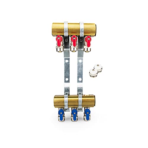 Messing Heizkreisverteiler 3 Heizkreise Set mit 6 x PEX Kugelhahn mit Klemmring 16mm x 1/2" AG & 2 x Entlüfter & 2 x Blindstopfen 1 Zoll | Systemverteiler Zentralheizung 2-12 Fach Verteiler Heizung von Generisch