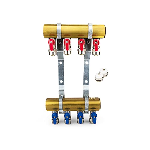 Messing Heizkreisverteiler 4 Heizkreise Set mit 8 x PEX Kugelhahn mit Klemmring 16mm x 1/2" AG & 2 x Entlüfter & 2 x Blindstopfen 1 Zoll | Systemverteiler Zentralheizung 2-12 Fach Verteiler Heizung von Generisch