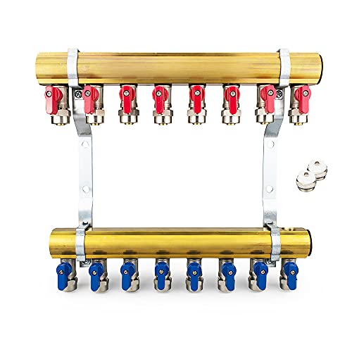 Messing Heizkreisverteiler 8 Heizkreise Set mit 16 x PEX Kugelhahn mit Klemmring 16mm x 1/2" AG & 2 x Entlüfter & 2 x Blindstopfen 1 Zoll | Systemverteiler Zentralheizung 2-12 Fach Verteiler Heizung von Generisch