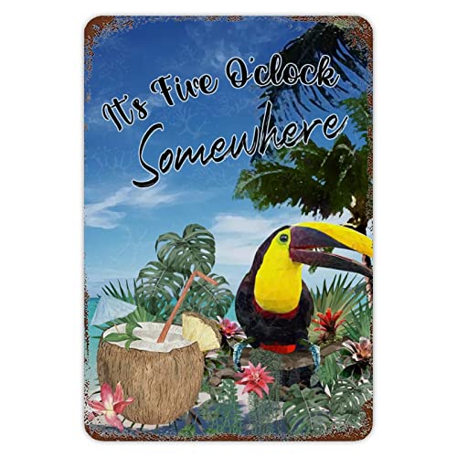 Metall-Blechschild für Strand, Kokosnuss, Papagei, Sommer-Thema, Metallschild, bunt, Vogel, Mann, Höhle, Dekoration, Wandkunst, Schild, Blechposter, lustiges Party-Willkommensschild für Esszimmer von Generisch