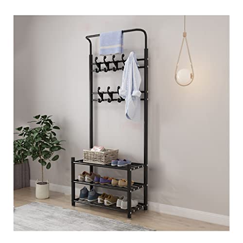 Metall Garderobenleiste mit Schuhaufbewahrung 3 Etagen Bank Doppelhaken Eingang Schwarz 66x30x190cm Stilvolle Wohnmöbel für Wohnzimmer von Generisch