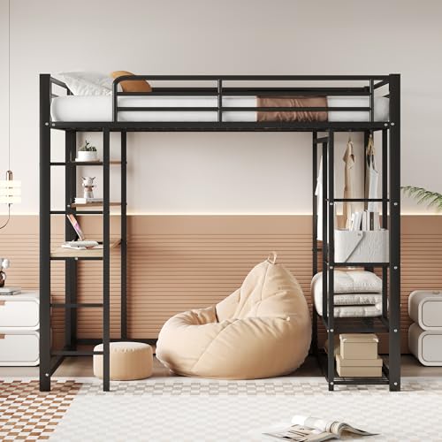 Metall-Hochbett 140x200 cm mit integriertem Schreibtisch, Kleiderbügel & Ablagefächern – Platzsparendes Doppelbett für Jugendzimmer, höhenverstellbar, 120 kg Tragkraft, Weiß/Schwarz von Generisch