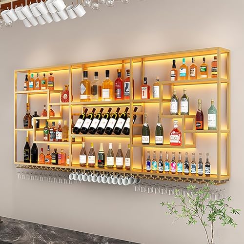Metall Weinregal Wandmontage mit LED-Lichtleiste, schwimmendes Barregal mit Glashalter, Likörflaschen-Display für Küche, Esszimmer, Weinkeller Metall Weinregal Wandmontage mit LED-Lichtleiste, schwimmendes Barregal mit Glashalter, Likörflaschen-Display für Küche, Esszimmer, Weinkeller von Generisch