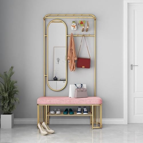 Metallgarderobe mit Schuhbank und Haken, multifunktionaler Eingangs-Organizer mit Spiegel, freistehendes Design, einfach zu montieren, für Flur oder Wohnzimmer von Generisch