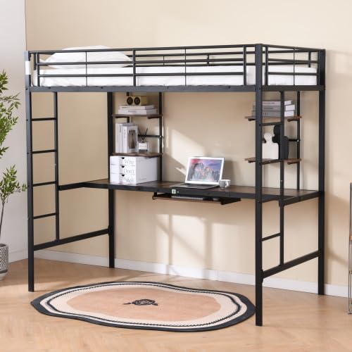 Metallisches Hochbett mit Schreibtisch & Stauraum 200×90cm, Multifunktionales Loft/Etagen/Bunk Bed, Raumeffizient für Studentenwohnheime, Kleinstwohnungen (Schwarz) von Generisch