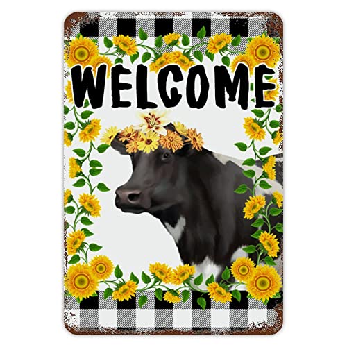 Metallschild mit Kuh mit Sonnenblume, Willkommensschild, schwarzer Büffel, kariert, rustikales Garten-Poster, Bauernhoftier-Dekor-Schild, Herbsternte-Schild für Bauernhaus, Zuhause, Küche, Badezimmer von Generisch
