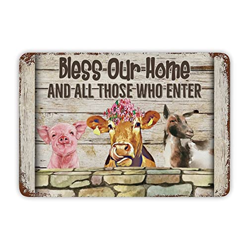 Metallschild mit Schwein, Kuh, Esel, Bless Our Home and All Those Who Enter, klassisches Garten-Poster, Bauernhoftier-Dekor-Schild, Herbstschild zum Aufhängen, für Bauernhaus, Zuhause, Küche von Generisch