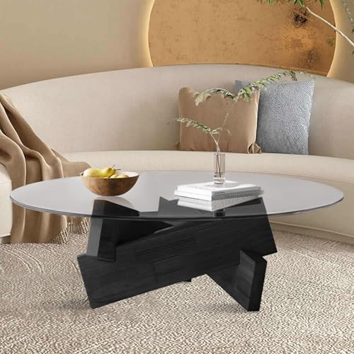 Mid Century Couchtisch aus Glas, runder Mitteltisch mit massivem dreieckigem Holzsockel und klarer Tischplatte aus gehärtetem Glas, moderner runder Cocktailtisch für Wohnzimmer, Heimbüro (80 x 80 x 31 von Generisch