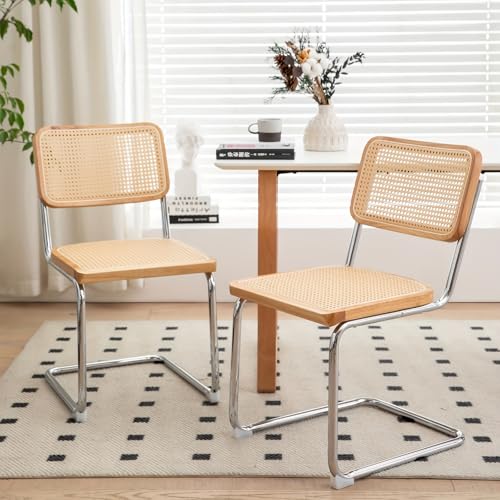 Mid Century Moderne Rattan-Esszimmerstühle 2er-Set – gepolsterte Samt-Akzentstühle mit natürlicher Rückenlehne und Chrom-Basis für Küche, Esszimmer und Wohnzimmer, stilvolles Holz-Finish von Generisch