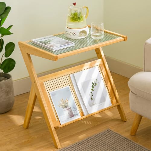 Mid Century Moderner Bambus Beistelltisch mit Glasplatte, Boho Nachttisch mit Zeitschriftenständer, Z-förmiges Design für Wohnzimmer, Schlafzimmer Mid Century Moderner Bambus Beistelltisch mit Glasplatte, Boho Nachttisch mit Zeitschriftenständer, Z-förmiges Design für Wohnzimmer, Schlafzimmer von Generisch