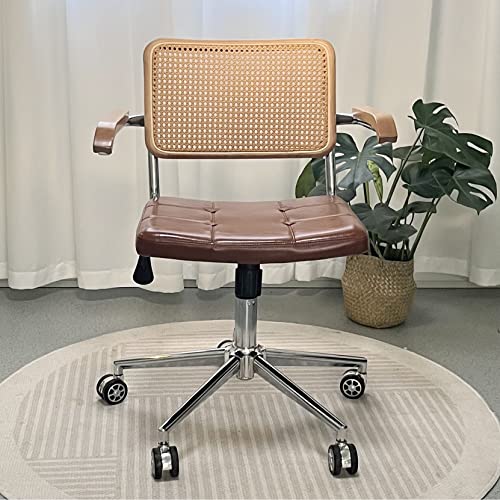 Mid-Century Moderner Rattan-Schreibtischstuhl mit Rollen, Vintage-Drehstuhl aus Leder für Zuhause, Büro und Schlafzimmer, brauner Rollstuhl mit mittlerer Rückenlehne von Generisch