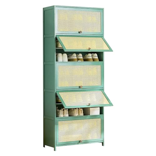 Mid-Century Moderner Rattan-Schuhschrank – hoher 10-stöckiger Bambus-Aufbewahrungsschrank mit Klapptüren für Eingangsbereich, Flur oder Schlafzimmer – platzsparendes Design in Grün Mid-Century Moderner Rattan-Schuhschrank – hoher 10-stöckiger Bambus-Aufbewahrungsschrank mit Klapptüren für Eingangsbereich, Flur oder Schlafzimmer – platzsparendes Design in Grün von Generisch