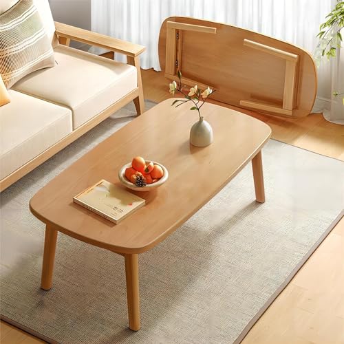 Mid-Century Moderner ovaler Couchtisch aus Holz, klappbar, Wohnzimmertisch mit Massivholzbeinen, multifunktionaler kleiner Beistelltisch für Schlafzimmer & Freizeit, keine Montage erforderlich (Natur von Generisch