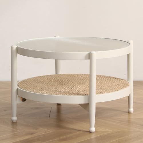 Mid Century Moderner runder Couchtisch mit Rattan-Regal und Glasplatte, 2-stöckige Aufbewahrung, Snacks, Tee, Cocktailtisch für Wohnzimmer, Schlafzimmer Mid Century Moderner runder Couchtisch mit Rattan-Regal und Glasplatte, 2-stöckige Aufbewahrung, Snacks, Tee, Cocktailtisch für Wohnzimmer, Schlafzimmer von Generisch