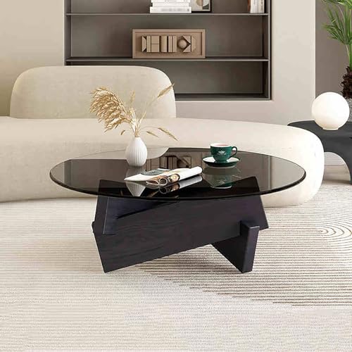 Mid Century Moderner runder Couchtisch mit Tischplatte aus gehärtetem Glas und Massivholzsockel, minimalistisches Design für Wohnzimmer, einfache Montage Mid Century Moderner runder Couchtisch mit Tischplatte aus gehärtetem Glas und Massivholzsockel, minimalistisches Design für Wohnzimmer, einfache Montage von Generisch