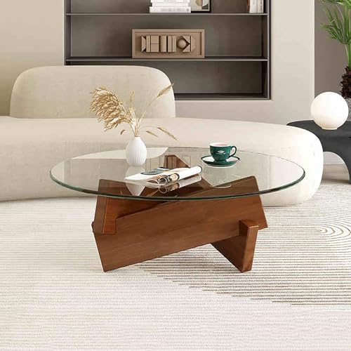 Mid Century Moderner runder Couchtisch mit Tischplatte aus gehärtetem Glas und Massivholzsockel, minimalistisches Design für Wohnzimmer, einfache Montage von Generisch