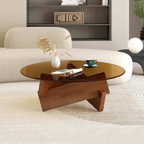 Mid Century Moderner runder Couchtisch mit Tischplatte aus gehärtetem Glas und Massivholzsockel, minimalistisches Design für Wohnzimmer, einfache Montage von Generisch