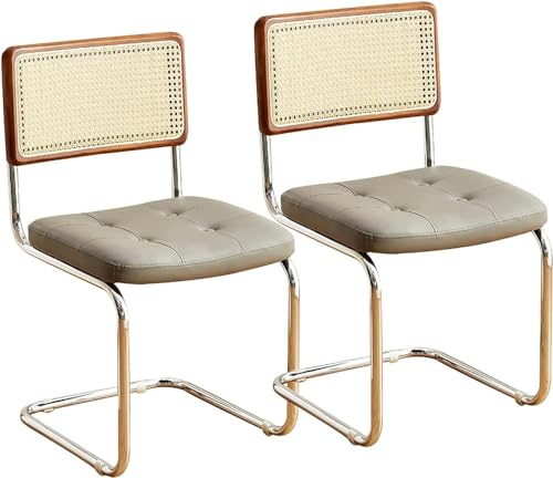 Mid Century Modernes Rattan-Esszimmer-Set, 2er-Set, bequeme Leder-Polsterstühle mit Rohrrückseite, stilvolle Küchen- und Esszimmermöbel, graue Metallbeine Mid Century Modernes Rattan-Esszimmer-Set, 2er-Set, bequeme Leder-Polsterstühle mit Rohrrückseite, stilvolle Küchen- und Esszimmermöbel, graue Metallbeine von Generisch