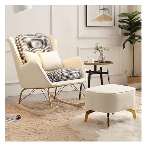 Mid-Century Schaukelsessel mit Fußhocker und Lendenkissen – bequemer cremefarbener Leder-Wippstuhl für Wohnzimmer, Kinderzimmer oder Büro – stilvolles und ergonomisches Design von Generisch