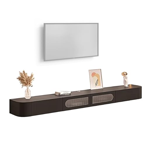 Mid-Century Schwebendes TV-Regal – Wandschrank aus Massivholz mit Glastüren und Schubladen, große Unterhaltungs-Medienkonsole zur Aufbewahrung unter dem Fernseher (Schwarz, 260 cm) von Generisch