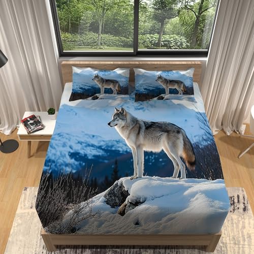 Mikrofaser Spannbettlaken 140 x 200 cm, Tiere Schneewolf Atmungsaktive Bettwäsche-Set Mit 2 Kissenbezügen, Hellblau Druck Spannbetttuch für bis 30 cm Matraze von Generisch