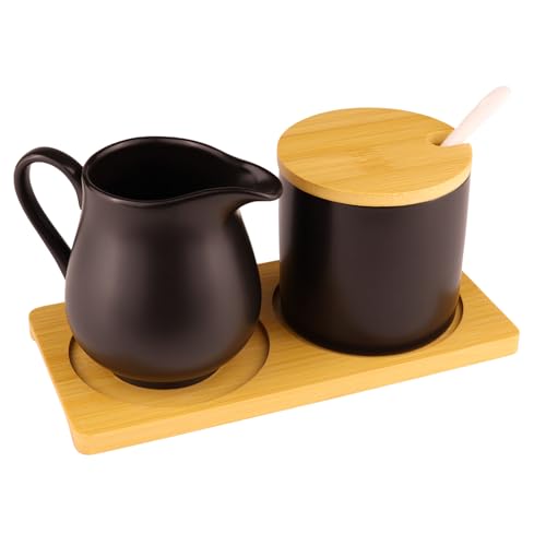 Milch und Zucker Set mit Deckel und Löffel, Milchkännchen Schwarz Keramik und Zuckerdose mit Holz Tablett, Spülmaschinen- und Mikrowellengeeignet von Generisch
