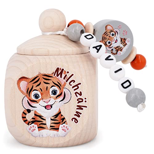 Milchzahndose TIGER mit Namen Milchzähne Zahnfee Holz Zahndose Geschenk personalisiert Geburtstag Einschulung Kita von Generisch