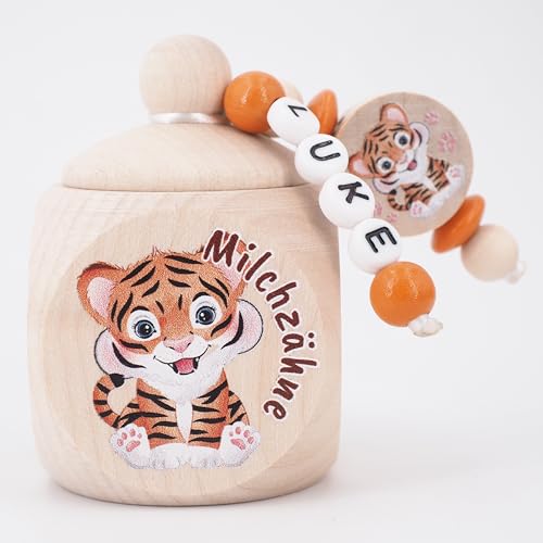 Milchzahndose TIGER natur mit Namen Milchzähne Zahnfee Holz Zahndose Geschenk personalisiert Geburtstag Einschulung Kita von Generisch