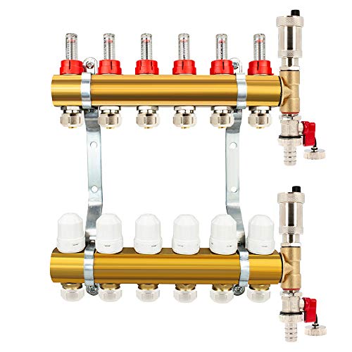 Millto™ Messing Heizkreisverteiler Fußbodenheizung 6 Heizkreise 16x3/4" PEX Rohr Adapter | Verteiler Entlüftungsset Automatische Entlüftung Flowmeter Thermostatventil Eurokonus von Generisch